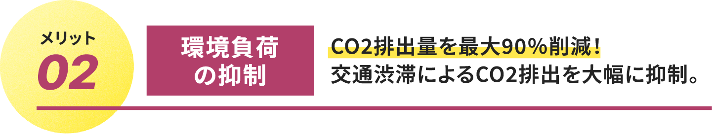 
													メリット02.環境負荷の抑制
													CO2排出量を最大90％削減！
													交通渋滞によるCO2排出を大幅に抑制。
									 